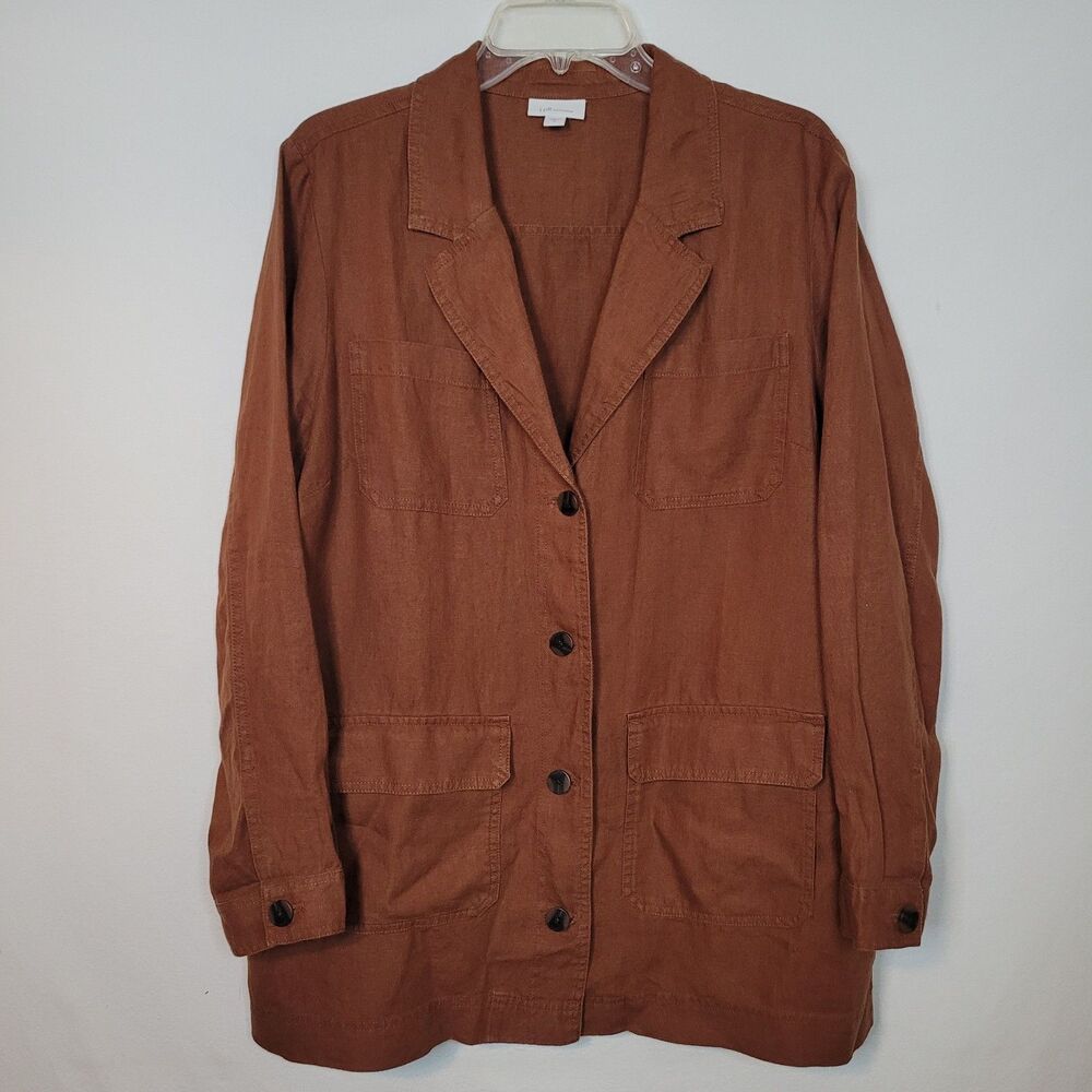 J Jill Love 100% Linen Blazer Brown Jacket Womens M Pockets Relaxed Minimalist
